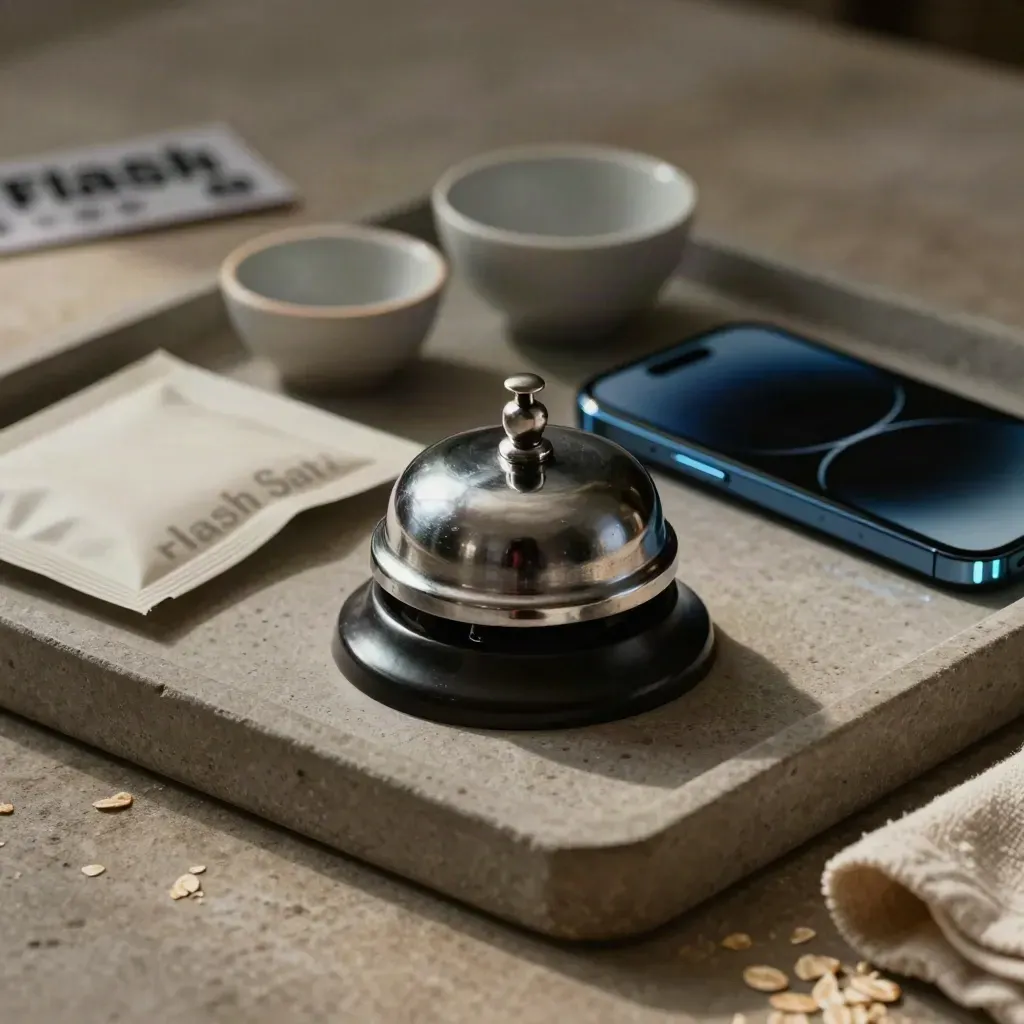 Campanella, telefono e bustina su vassoio in pietra con luce fredda e accento blu.